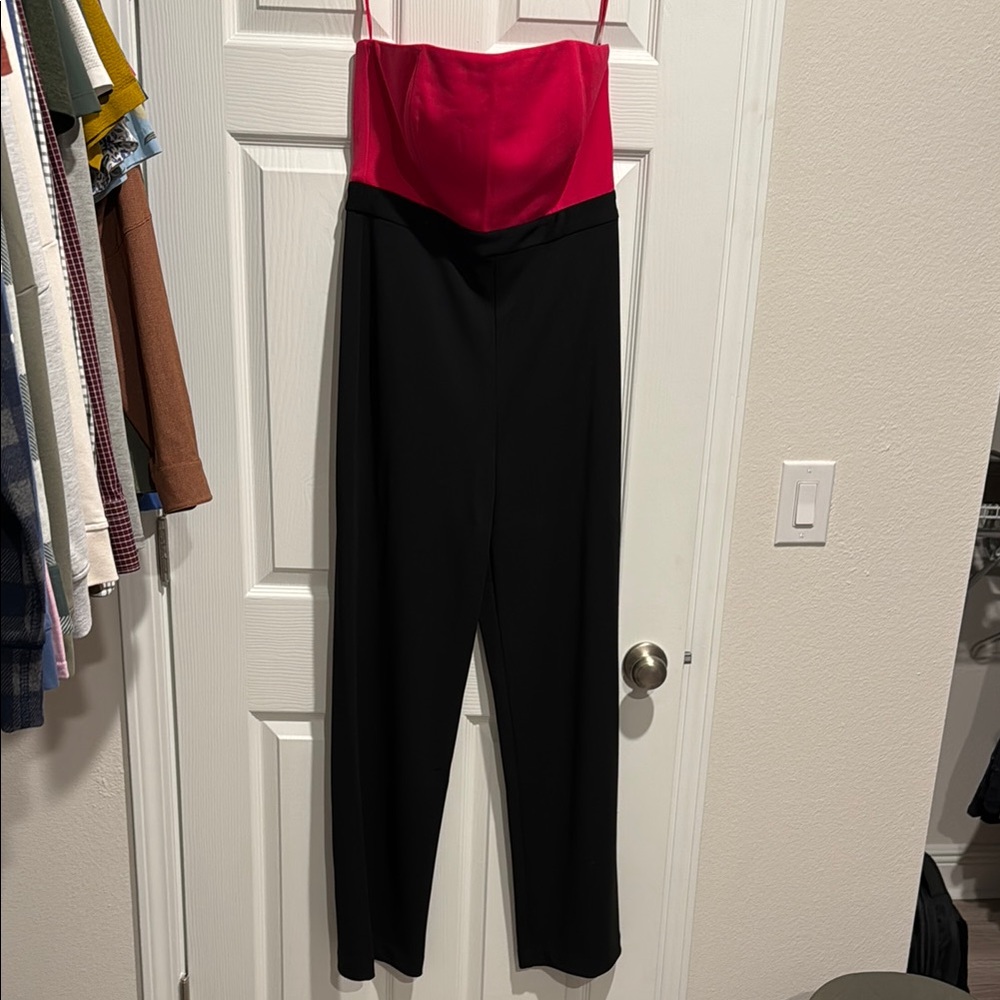 Hot pink and black strapless jumpsuit